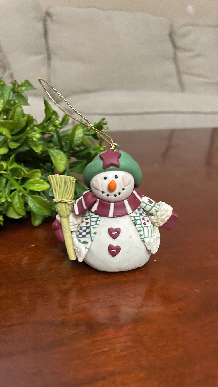 Snowman Ornament with Green Hat and Broom Holiday Decoration